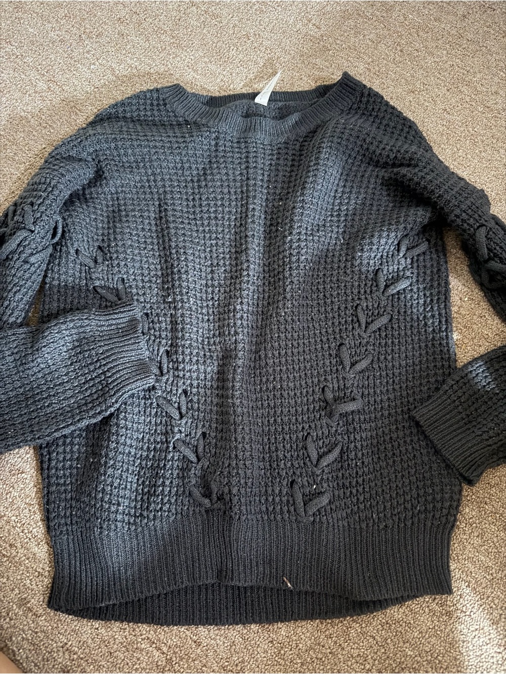 Black Waffle-Knit Women’s Sweater with Side Braid Detail